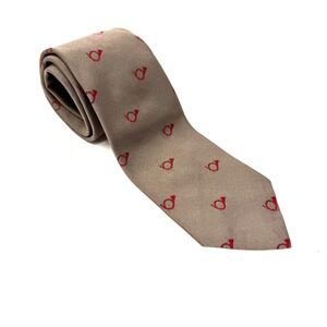 Kenneth Gordon 100% Silk‎ Club Tie Men's Tan Red French Horn Motif Hand Sewn
